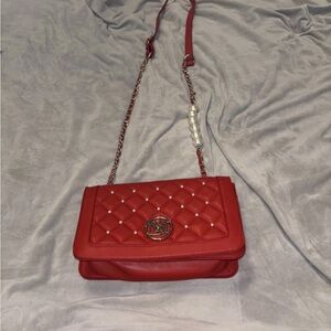 Badgley Mischa Elegant Red Quilted Shoulder Bag with pearl accents